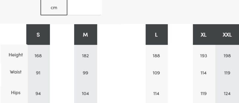 Narin under wetsuit leggings size chart